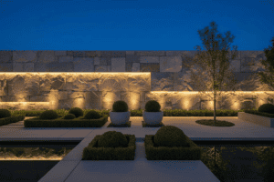 A modern garden at dusk features neatly trimmed bushes, potted plants, and geometric hedges. Warm lights illuminate a stone wall and trees, reflecting softly in a still water feature in the foreground.