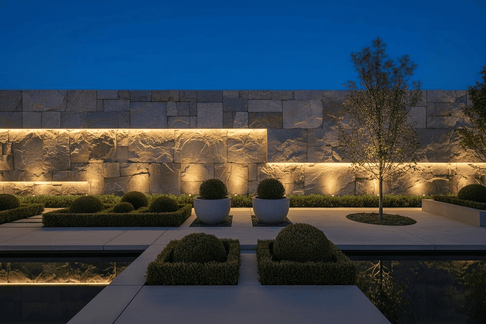 A modern garden at dusk features neatly trimmed bushes, potted plants, and geometric hedges. Warm lights illuminate a stone wall and trees, reflecting softly in a still water feature in the foreground.